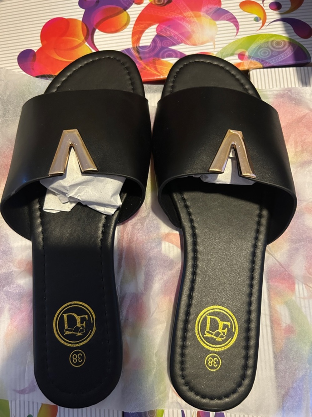 DF Black Slide Sandals with Gold V Detail - Women